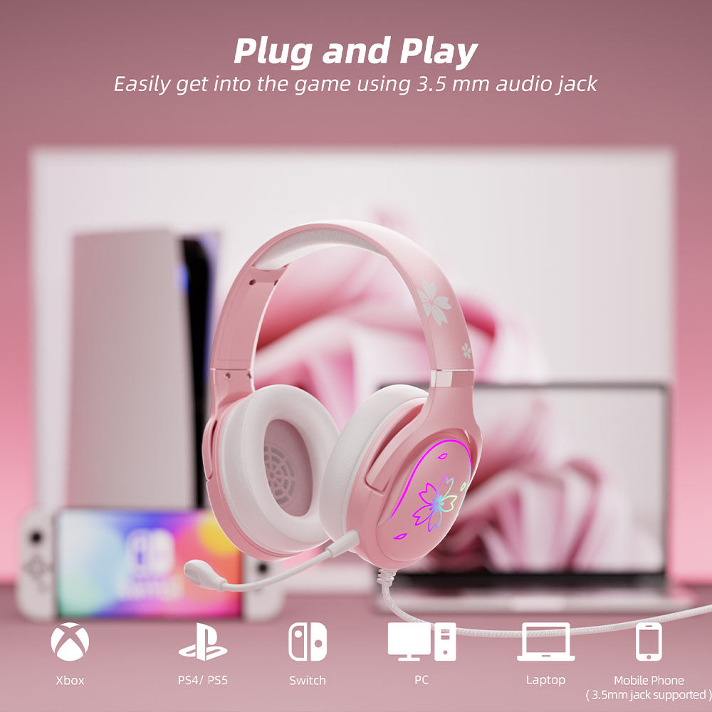 Mytrix Sakura Pink RGB Gaming Headset - Cherry Blossom RGB Gradient Light, 360 Rotation Mic with In-Line Control Mytrix Sakura Pink RGB Gaming Headset - Cherry Blossom RGB Gradient Light, 360 Rotation Mic with In-Line Control